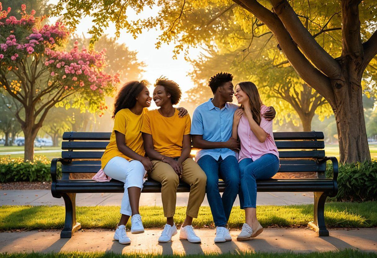 A heartwarming scene of two friends sitting on a park bench, sharing a laugh while the sun sets behind them, casting a golden glow. In the background, blooming flowers symbolize growth, and a soft breeze rustles the leaves, hinting at deepening connections. The image conveys warmth, joy, and the evolution from friendship to romance. vibrant colors. super-realistic.