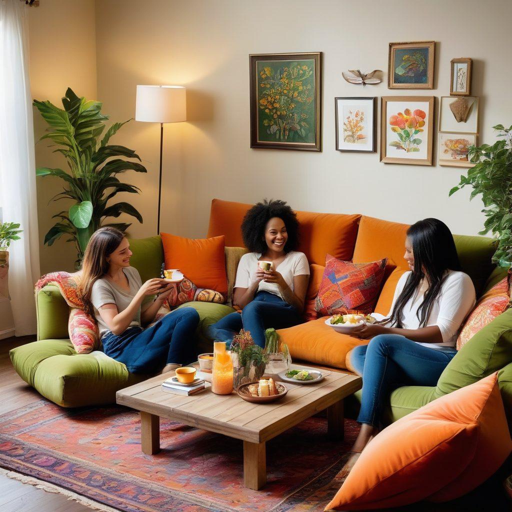 A diverse group of friends gathered in a cozy, warm living room, sharing laughter and support. Colorful throw pillows and soft lighting create an inviting atmosphere. A table with tea and snacks symbolizes companionship, while plants add a touch of nature. Capture the essence of connection and love in a contemporary setting. vibrant colors. warm tones. cozy atmosphere.