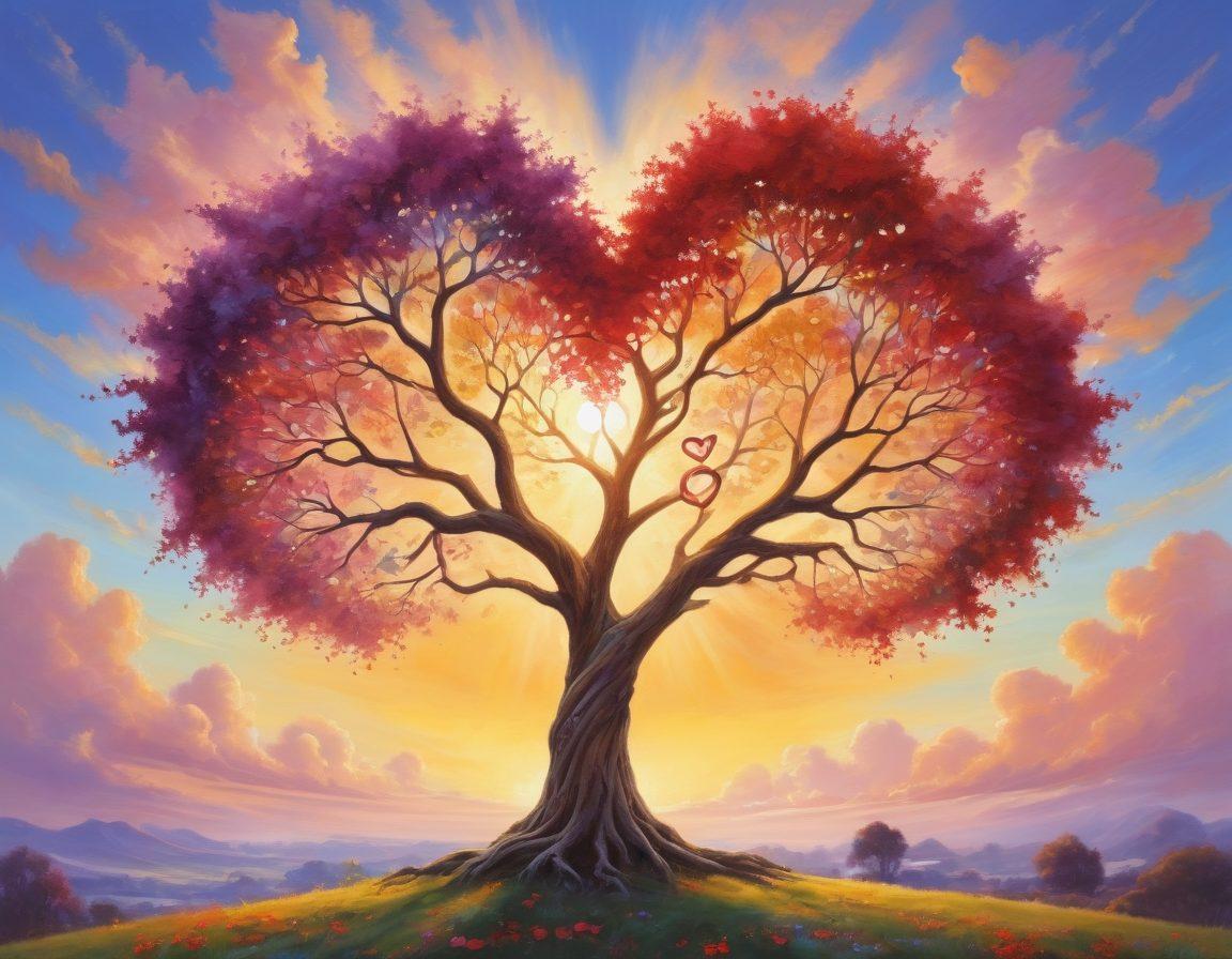A heart-shaped tree intertwining with various colorful hands and symbols of love and friendship. Surrounding the tree are soft clouds and a bright sun, illuminating the scene with warmth and positivity. In the background, there are subtle silhouettes of diverse people engaging in acts of kindness and affection. The overall tone exudes harmony and connection. vibrant colors. painting.